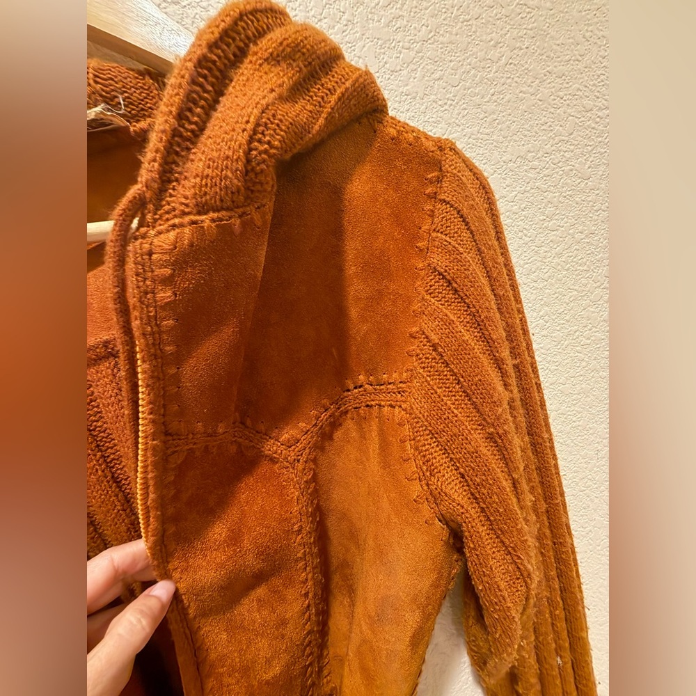 Vintage 1970s Terracotta Leather Suede Knit Crochet Hooded  Jacket Coat, Grunge - Picture 9 of 14